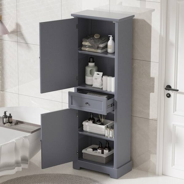 65"H Grey Wooden Bathroom Storage with 2 Doors and Drawer, Adjustable Shelf Bed Bath